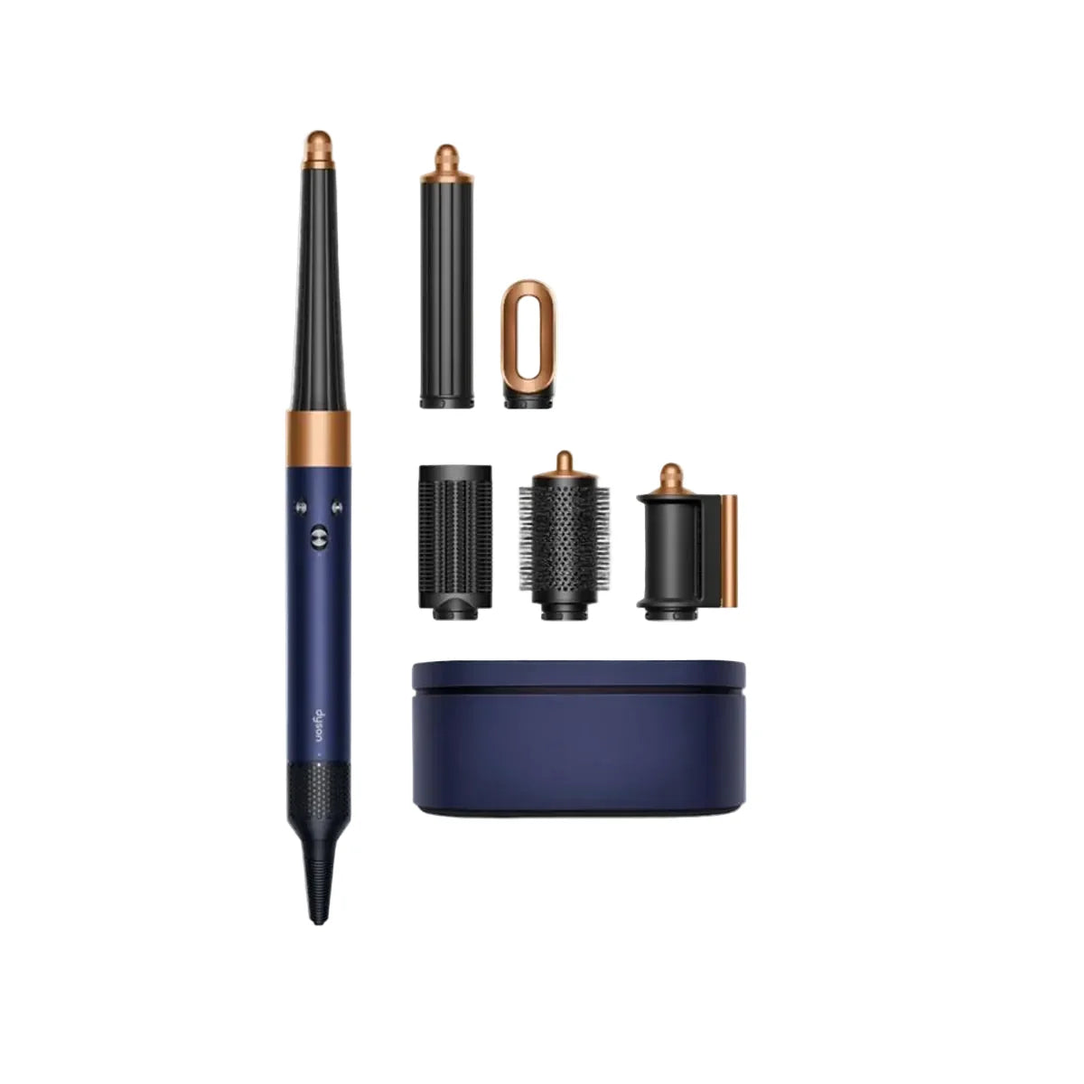 A hair styling tool set on a white background, featuring a navy blue and copper barrel curler, several interchangeable attachments, a round storage case, and a blue Bluetooth logo.