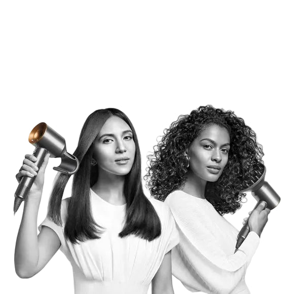 Two women using Dyson Supersonic hair dryers with text highlighting features on a white background