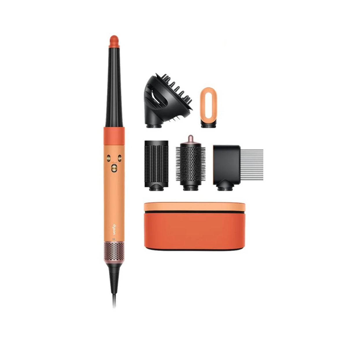 A cordless hair styler shown with multiple attachments and a charging case on a clean white background. The styler has a metallic copper-orange body with black accents, and the set includes a concentrator nozzle, brush concentrator, round brush attachment, comb attachment, and a rectangular charging dock.