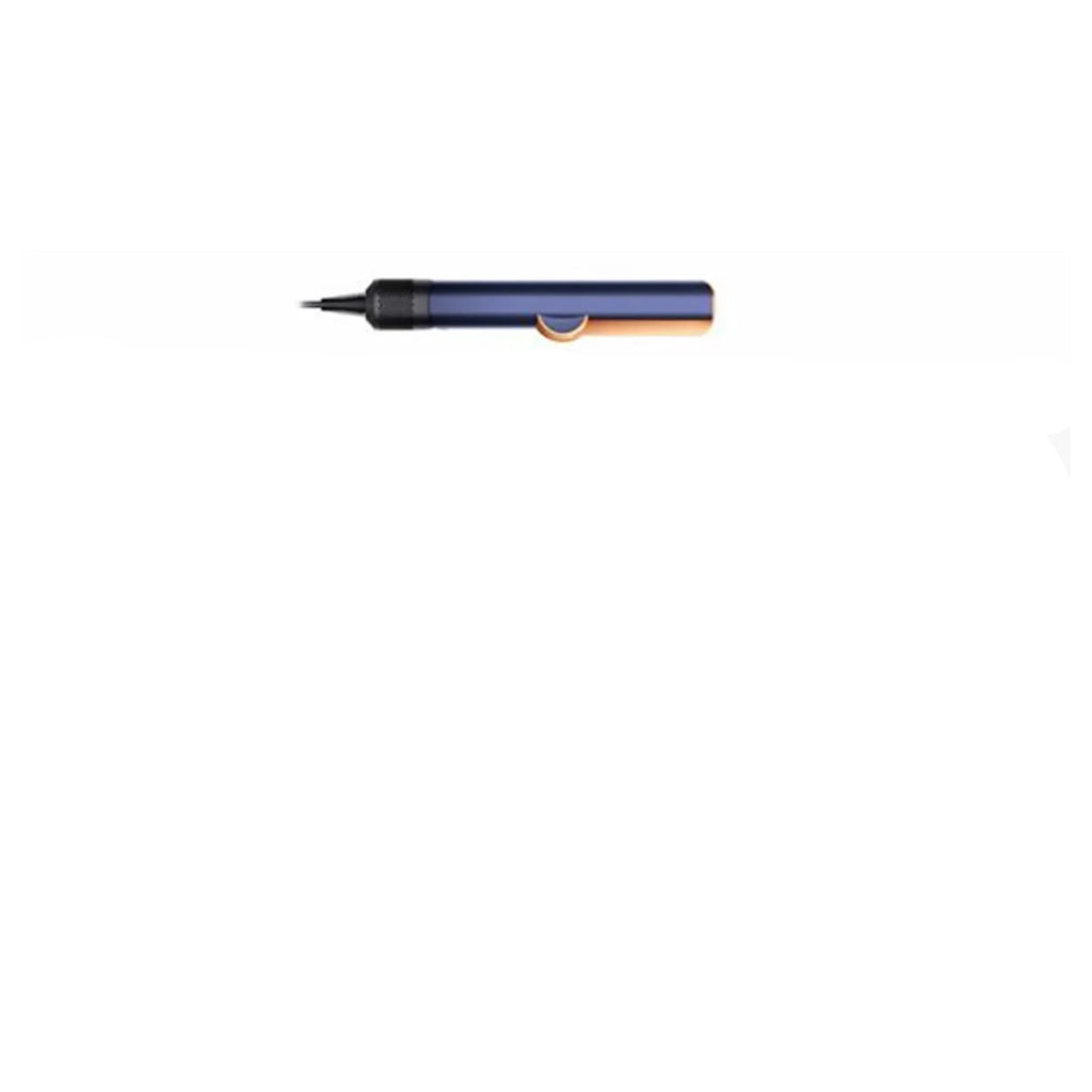 A hair styling tool shown on a light gray infographic background with text callouts about heat damage, styling, and convenience.