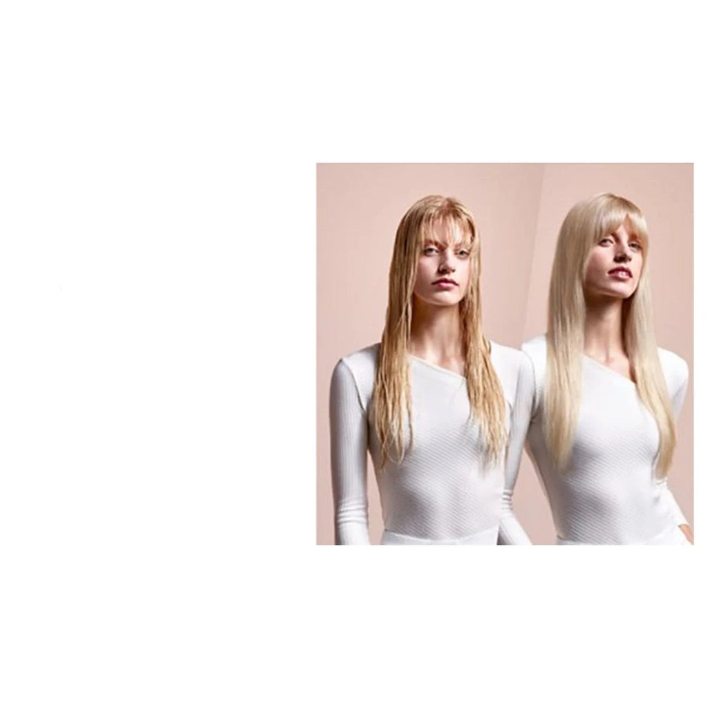 A promotional graphic for a hair styling product or service, showing two women with long blonde hair styled in a straight, blow-out look. Text on the left reads 'Naturally straight blow out' with a subtitle 'A polished, everyday look, straightened from wet'.