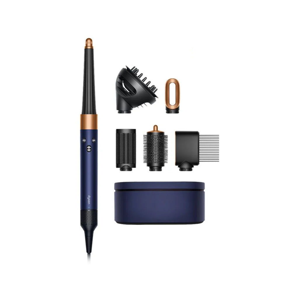 A hair styling tool set on a white background, featuring a navy blue and copper curling iron, several black attachment heads, a round storage case, and a blue Bluetooth logo.