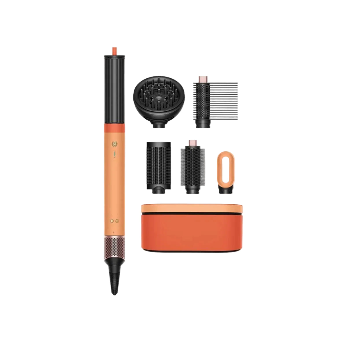 A hair styling tool set on a white background, featuring an orange and black wand-style device, several black attachment heads, a matching orange and black charging case, and a blue Bluetooth symbol indicating wireless connectivity.